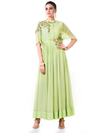 Light Green Hand Embroidered Designer Gown