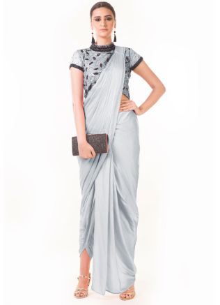 Indo Western Dress: Buy Grey Draped Dhoti With Embroidered Blouse Online