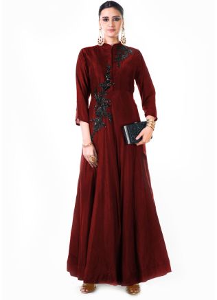 Maroon Beads Embroidered Silk Gown