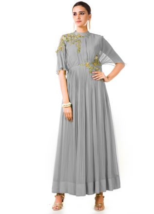 Grey Hand Embroidered Georgette Designer Gown