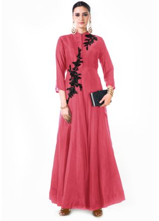 Deep Pink Beads Embroidered Silk Gown