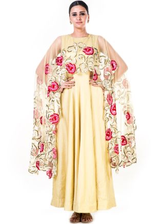 Yellow Silk Embroidered Cape Style Gown 