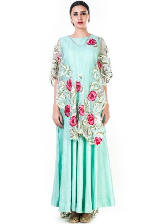 Blue Silk Cape Style Readymade Gown