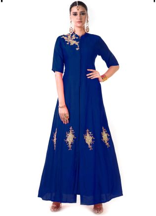 Buy Royal Blue Hand Embroidered Jacket Style Party Indian Gown Online