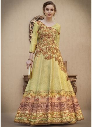 Indian Gowns: Buy Light Yellow Digital Printed Indo Western Gown for Wedding