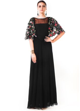 Black Hand Embroidered Cape Style Gown