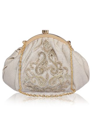 Grey Zari Embroidered Kiss Lock Clutch