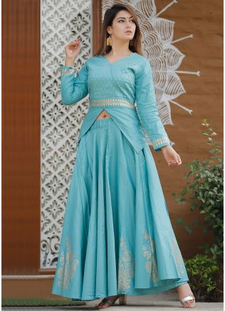 Turquoise Readymade Asymmetric Top Skirt Set