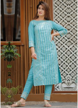 Readymade Turquoise Gota Patti Embellished Kurta Pant Set