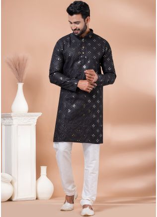 Black Foil Mirror Work Mens Kurta Pajama