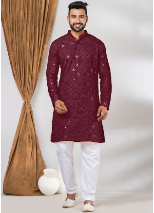 Magenta Foil Mirror Work Mens Kurta Pajama