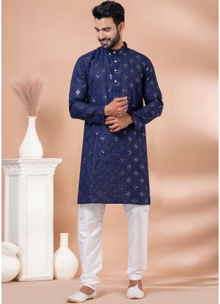 Blue Mens Kurta Pajama In Foil Mirror Work