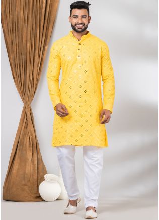 Yellow Mens Kurta Pajama In Foil Mirror Work