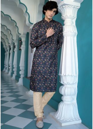 Navy Blue Art Silk Digital Floral Print Kurta Pajama