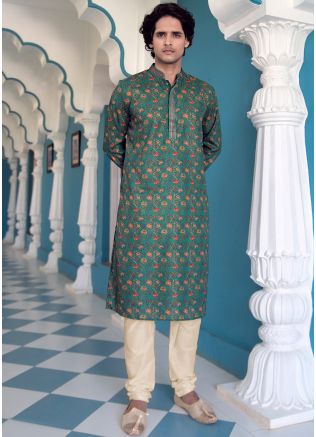 Green Digital Floral Print Kurta Pajama For Men