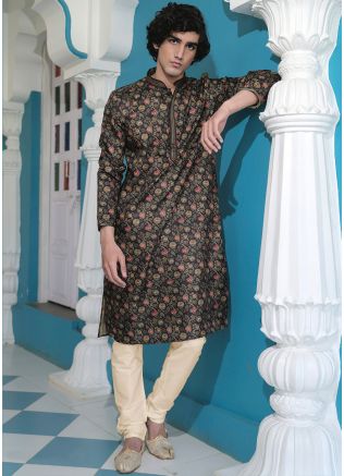 Readymade Black Digital Floral Print Kurta Pajama