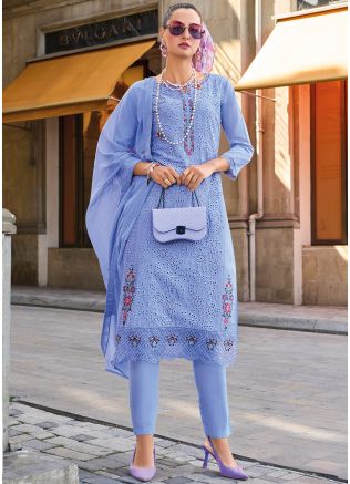 Blue Embroidered Pant Suit Set In Cotton