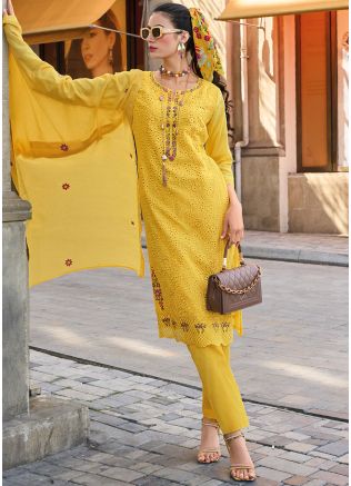 Yellow Embroidered Pant Suit Set In Cotton