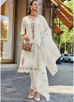 White Embroidered Pant Suit Set In Cotton