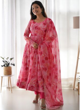 Pink Floral Print Anarkali Suit Set 