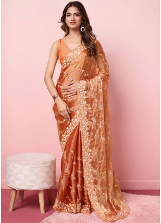 Orange Sequins Work Art Silk Saree