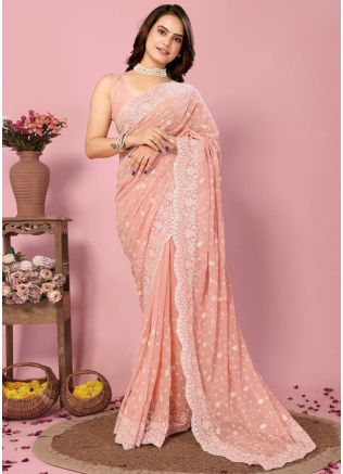 Peach Embroidered Saree In Georgette