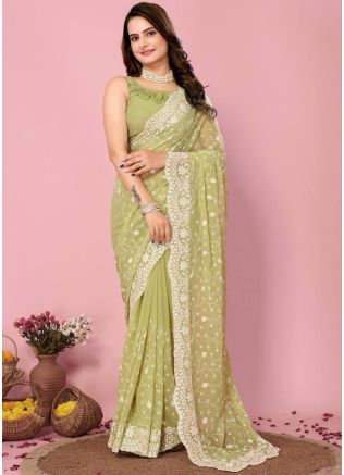 Green Embroidered Saree In Georgette