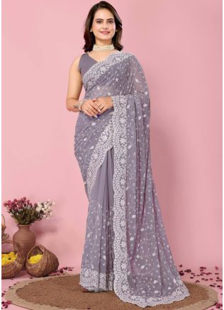 Grey Embroidered Saree In Georgette