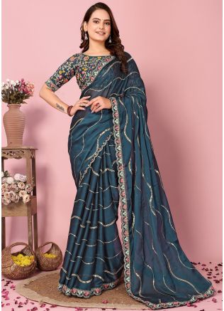 Blue Embroidered Saree With Heavy Blouse