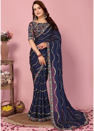 Blue Embroidered Saree With Heavy Blouse