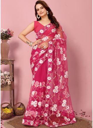 Pink Embroidered Saree In Net