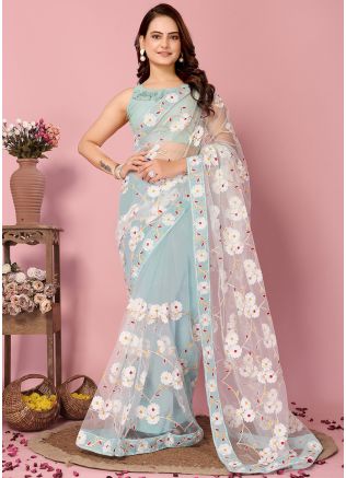 Blue Embroidered Saree In Net