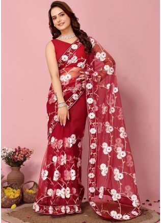 Red Embroidered Saree In Net