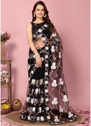 Black Embroidered Saree In Net