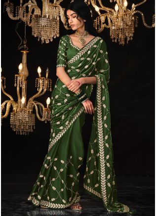 Green Sequins Embroidered Saree In Tissue