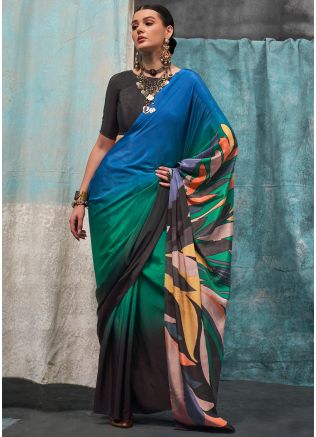 Multicolored Printed Crape Saree With Blouse