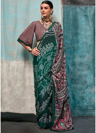 Green Bandhej Print Saree In Crape