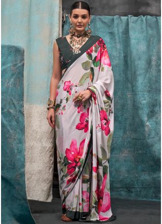 White Floral Print Saree With Blouse