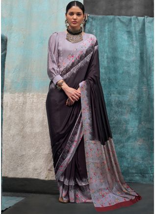 Purple Crape Saree In Floral Print