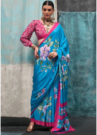 Blue Crape Saree In Floral Print