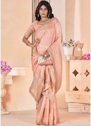 Peach Embroidered Saree In Linen