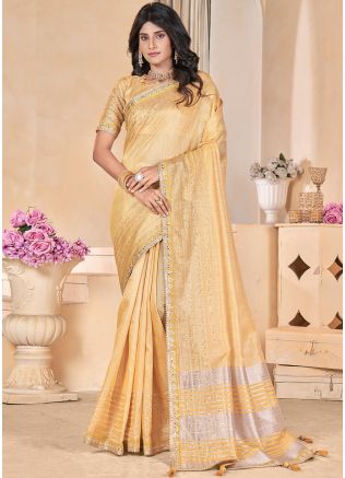 Yellow Sequin Embroidered Saree In Linen