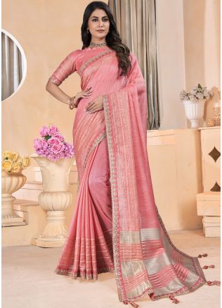 Pink Sequins Embroidered Saree In Linen