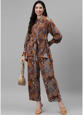 Brown Digital Printed Co-Ord Set In Rayon