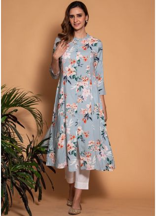 Blue Floral Printed Kurta Set In Rayon